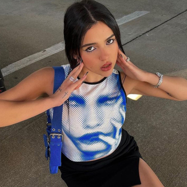 Fashion Street Photo Print Slim Fit Open Umbilical Round Neck Tank Top