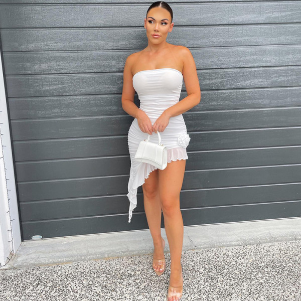 Solid sexy mesh see-through floral sleeveless auricular hem dress
