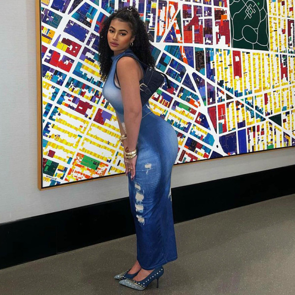 Fashionable Denim Print Long Dress Temperament Slim Fit Dress