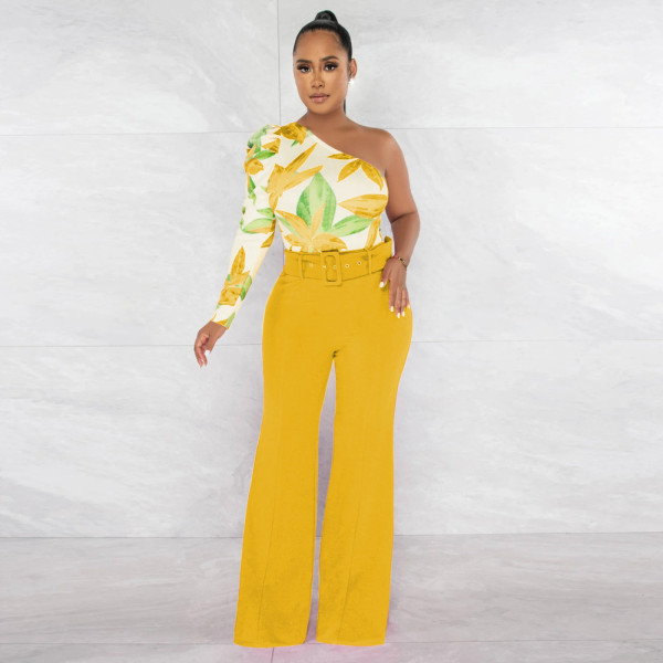 Fashion One Shoulder Long Sleeve Loose Top Panel Wide Leg Pants Jumpsuit