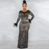 Fashion Nightclub Party Hot Diamond Women's Dress Mesh Perspective Long Sleeve Long Dress Dress