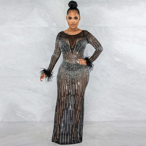 Fashion Nightclub Party Hot Diamond Women's Dress Mesh Perspective Long Sleeve Long Dress Dress