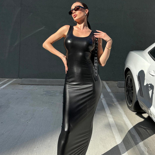 Women's leather sexy suspender U-neck long skirt temperament slimming dress