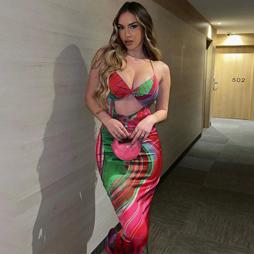 Fashion Print Slim Fit Cut Out Open Back Lace Up Dress