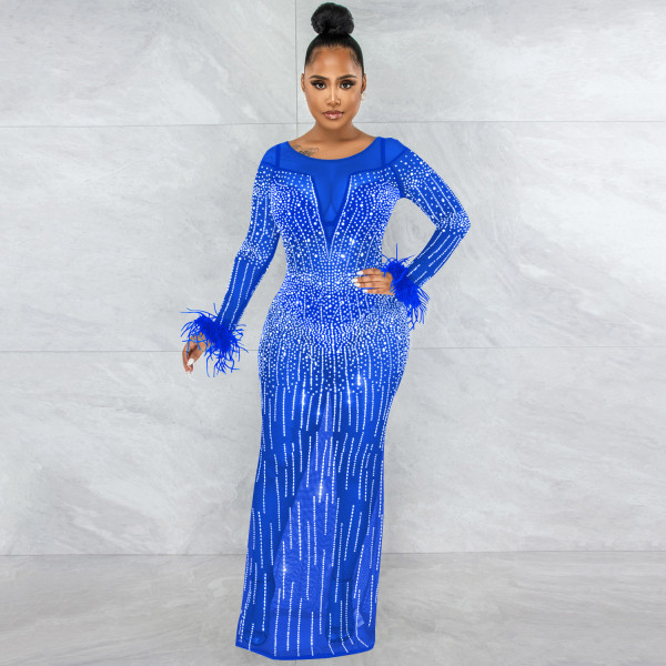 Fashion Nightclub Party Hot Diamond Women's Dress Mesh Perspective Long Sleeve Long Dress Dress