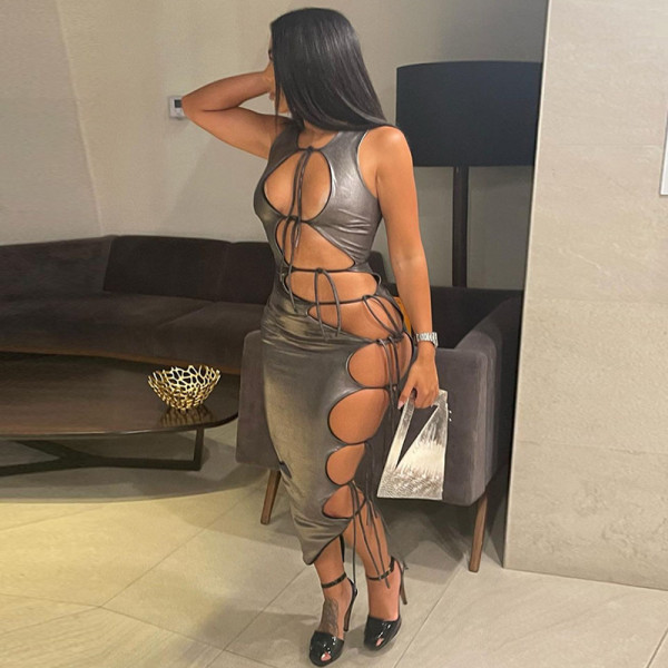 Fashion sexy cut-out lace up solid color sleeveless dress