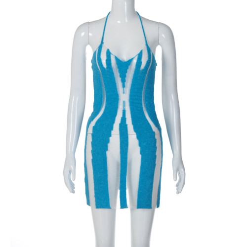 Fashionable Sexy Mesh Panel Perspective Open Back Lace Up Dress