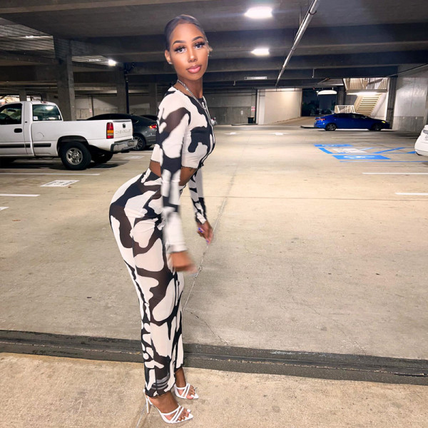 Mesh Print Open Umbilical Long Sleeve Top Slim Fit Long Dress Set