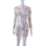Printed Sexy Long Sleeve Mesh Reverse Fit Short Dress