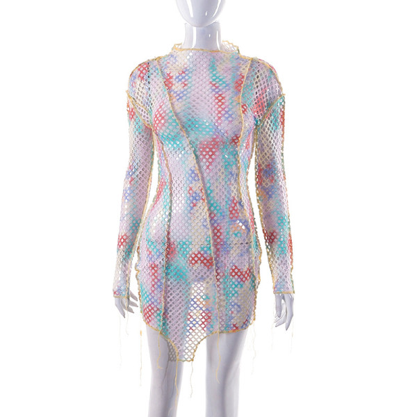 Printed Sexy Long Sleeve Mesh Reverse Fit Short Dress