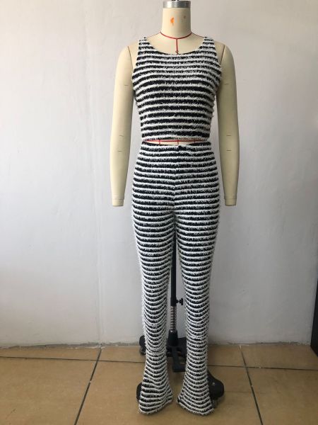 Knitted Stripe Sexy Tank Top Slim Fit Pants Set Two Piece Set