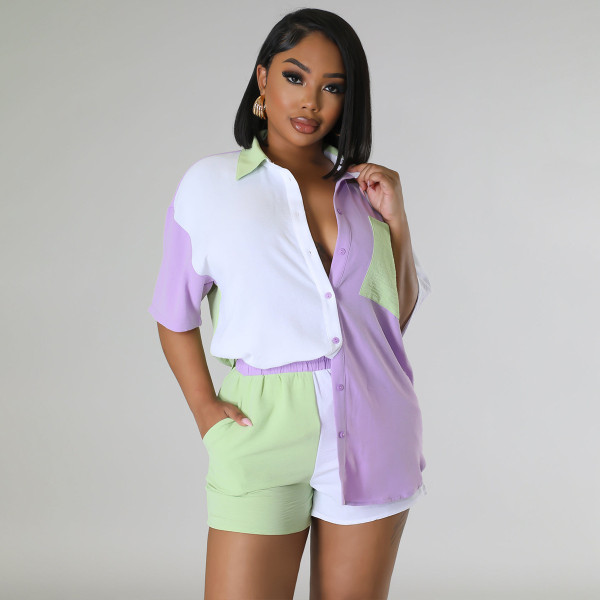 Color Block Panel Short Sleeve Shirt Pocket Shorts Set Two Piece Set