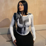 Fashion Print Round Neck Slim Fit Open Umbilical Long Sleeve Top