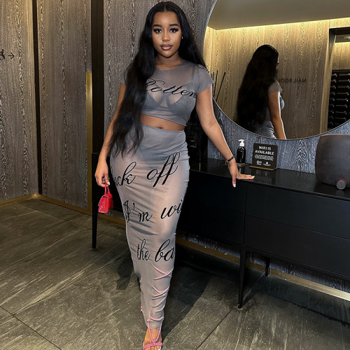 Sexy Mesh Perspective Printing Short Sleeve Open Umbilical Top Long Dress Set
