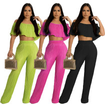 Women's pleated solid color off the shoulder wrap chest loose flared pants two-piece set