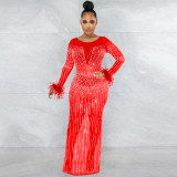 Fashion Nightclub Party Hot Diamond Women's Dress Mesh Perspective Long Sleeve Long Dress Dress