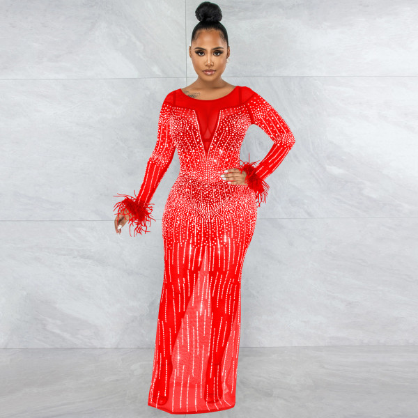 Fashion Nightclub Party Hot Diamond Women's Dress Mesh Perspective Long Sleeve Long Dress Dress