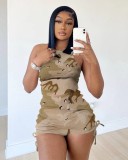 Fashion Women's Pleated Camo Print Tank Top Shorts Pit Strips 2-Piece Set