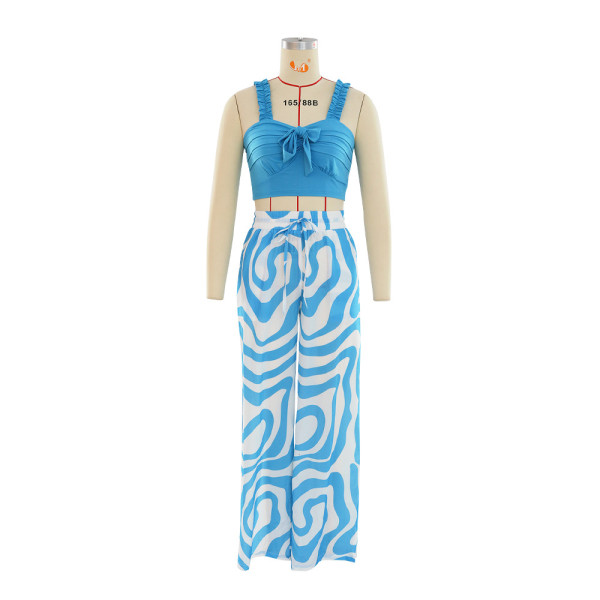Casual suspender+split wide leg pants printed two-piece set