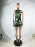 Fashion Women's Pleated Camo Print Tank Top Shorts Pit Strips 2-Piece Set