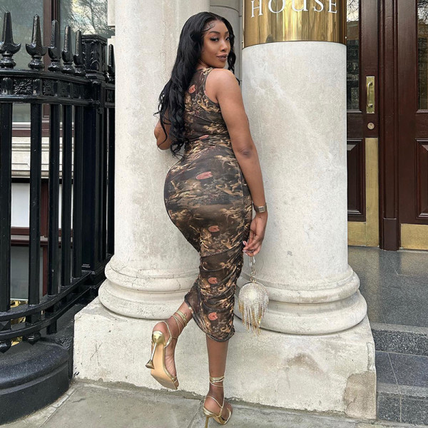 Sexy Printed Sleeveless Round Neck Mesh Perspective Slim Fit Long Dress