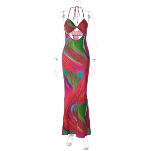 Fashion Print Slim Fit Cut Out Open Back Lace Up Dress