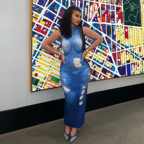Fashionable Denim Print Long Dress Temperament Slim Fit Dress