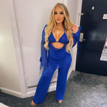 Solid mesh casual pile neck loose pants 3-piece set Solid mesh casual pile neck loose pants 3-piece set