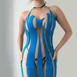 Fashionable Sexy Mesh Panel Perspective Open Back Lace Up Dress