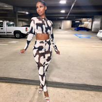 Mesh Print Open Umbilical Long Sleeve Top Slim Fit Long Dress Set