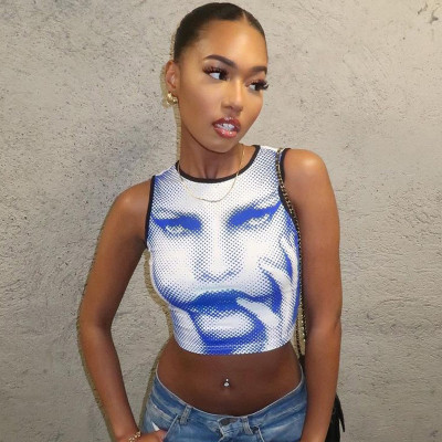 Fashion Street Photo Print Slim Fit Open Umbilical Round Neck Tank Top