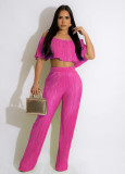 Women's pleated solid color off the shoulder wrap chest loose flared pants two-piece set