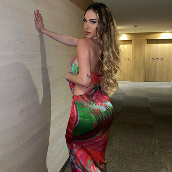 Fashion Print Slim Fit Cut Out Open Back Lace Up Dress
