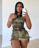 Fashion Women's Pleated Camo Print Tank Top Shorts Pit Strips 2-Piece Set
