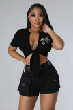 Women's solid color printed lace up hollowed out T-shirt