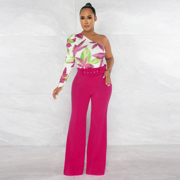 Fashion One Shoulder Long Sleeve Loose Top Panel Wide Leg Pants Jumpsuit