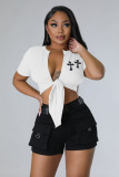 Women's solid color printed lace up hollowed out T-shirt