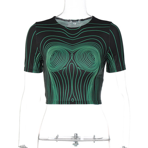 Fashion printed slim cut open navel round neck short sleeve top