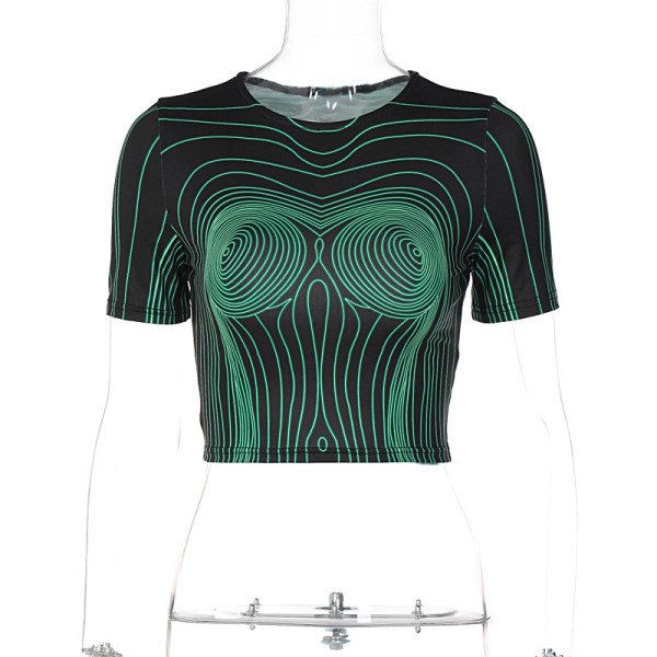 Fashion printed slim cut open navel round neck short sleeve top