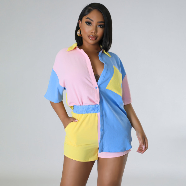 Color Block Panel Short Sleeve Shirt Pocket Shorts Set Two Piece Set
