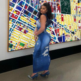 Fashionable Denim Print Long Dress Temperament Slim Fit Dress