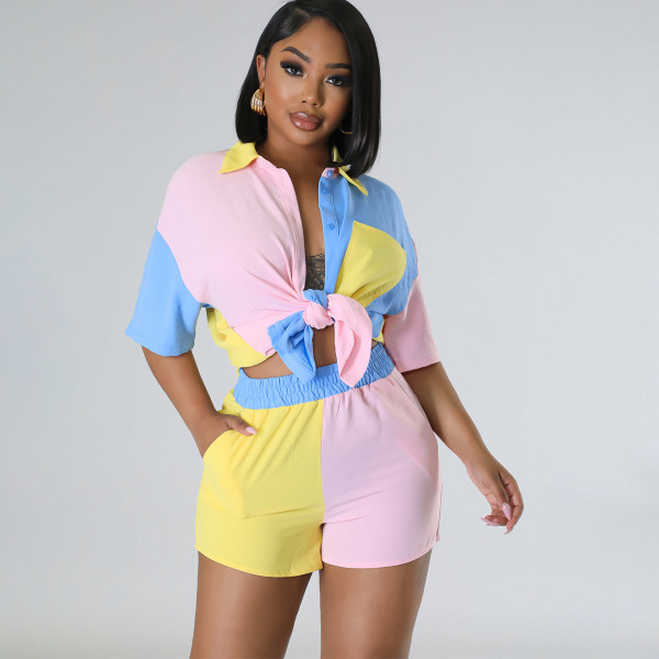 Color Block Panel Short Sleeve Shirt Pocket Shorts Set Two Piece Set