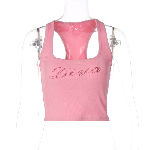 Fashion sexy U-neck letter ironed diamond sleeveless vest