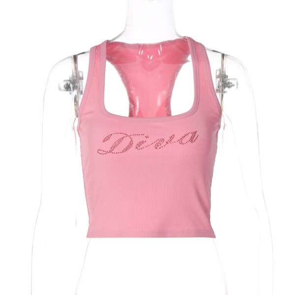 Fashion sexy U-neck letter ironed diamond sleeveless vest