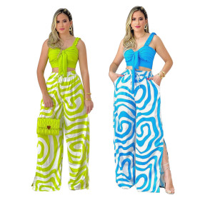 Casual suspender+split wide leg pants printed two-piece set