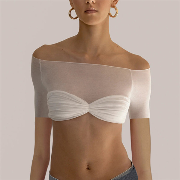 Women's Fashion Sexy Perspective Off Shoulder Slim Fit Short Open Umbilical T-shirt
