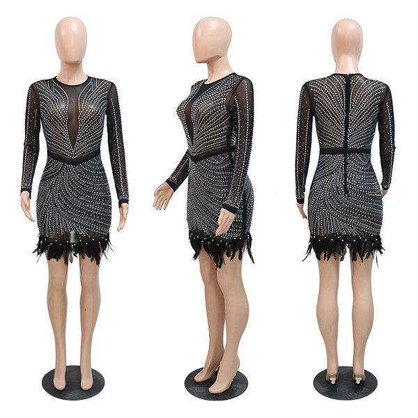 Sexy Perspective Hot Diamond Long Sleeve Dress Fashion Party Evening Dress