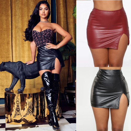 High Waist Wrapped Hip Short Skirt Night Shop PU Leather Zipper Sexy Black Leather Skirt