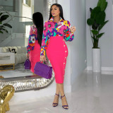 Fashion Print Long Sleeve Shirt with Sexy Slim Fit Wrapped Hip Skirt Two Piece Set