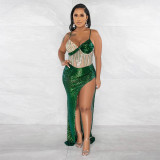 Fashion Sexy V-Neck Strap Sequin Hot Diamond Split Dress